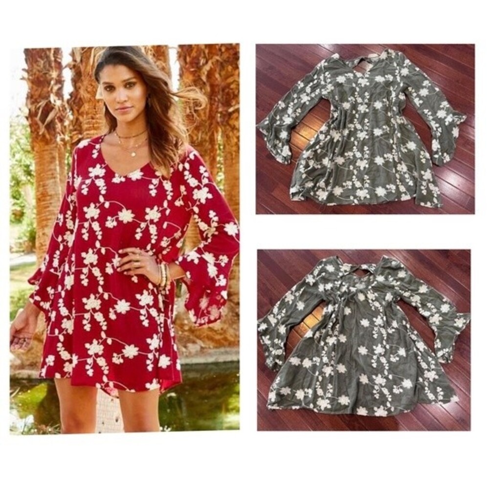 Altar’d State Long Bell Sleeve Olive Green Lexia Dress with Pockets Size XS